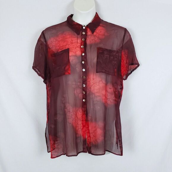ZAPA Burgundy Sheer Button Up Blouse Womens Large? Artsy Whimsigoth Indie - Picture 1 of 9
